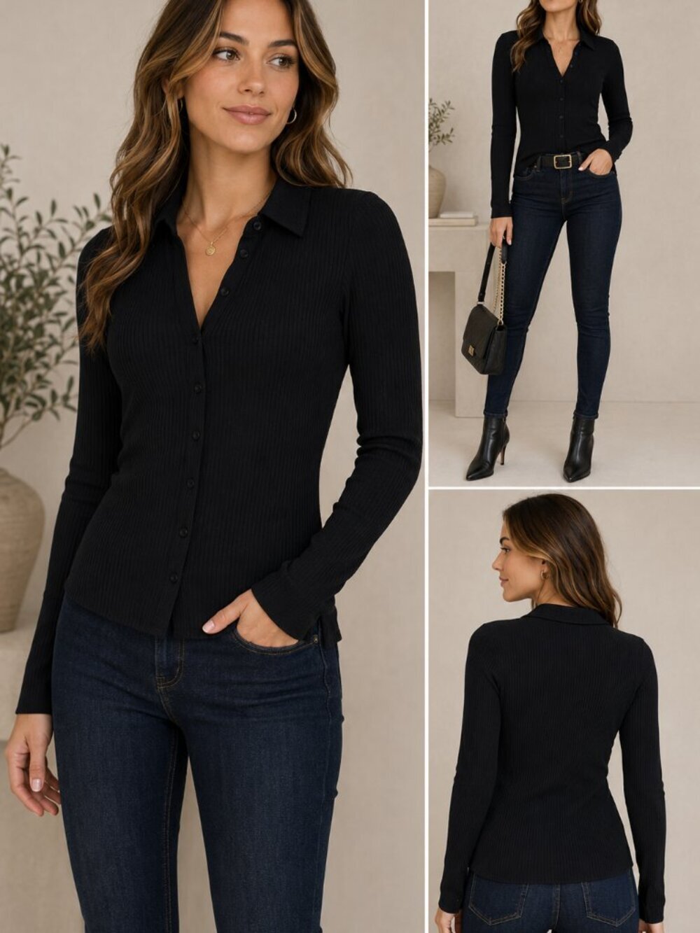 Jason Wu Black Ribbed Button Front Stretch Blouse Size Small